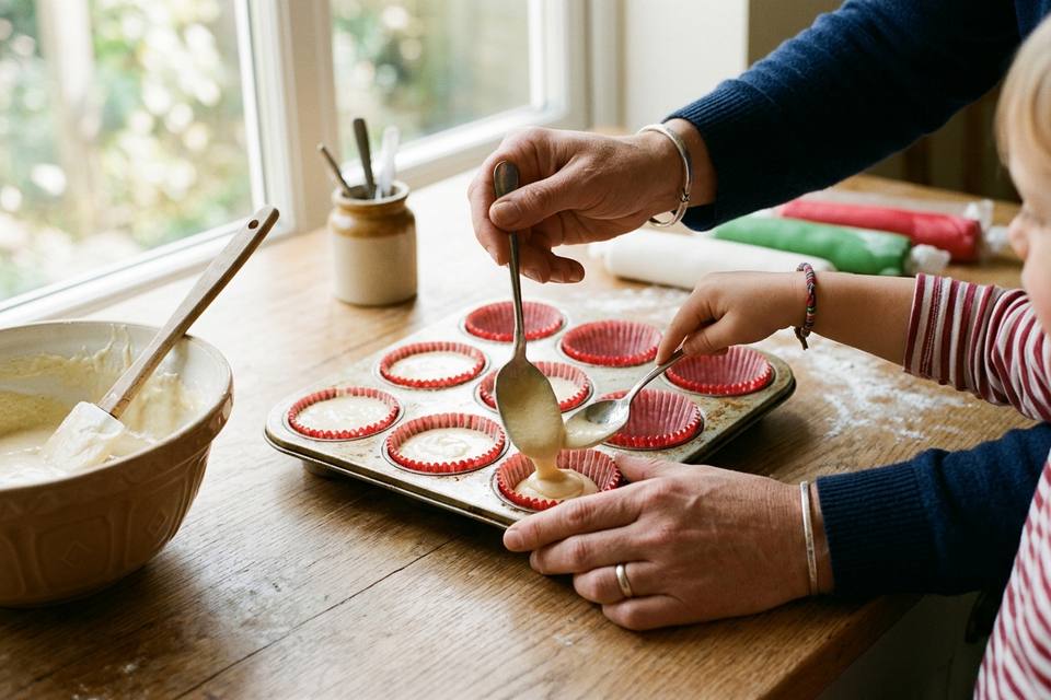 Des mains remplissent des caissettes rouges de pâte à cupcakes dans un moule, sur une table en chêne clair