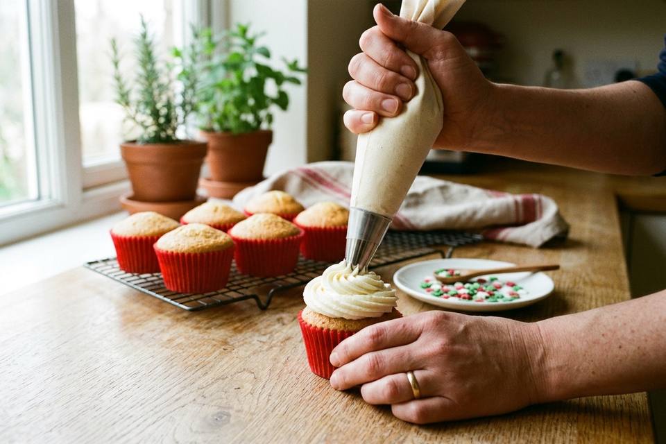 Des mains tiennent une poche à douille et dressent une spirale de crème au beurre sur un cupcake, sur une table en chêne clair