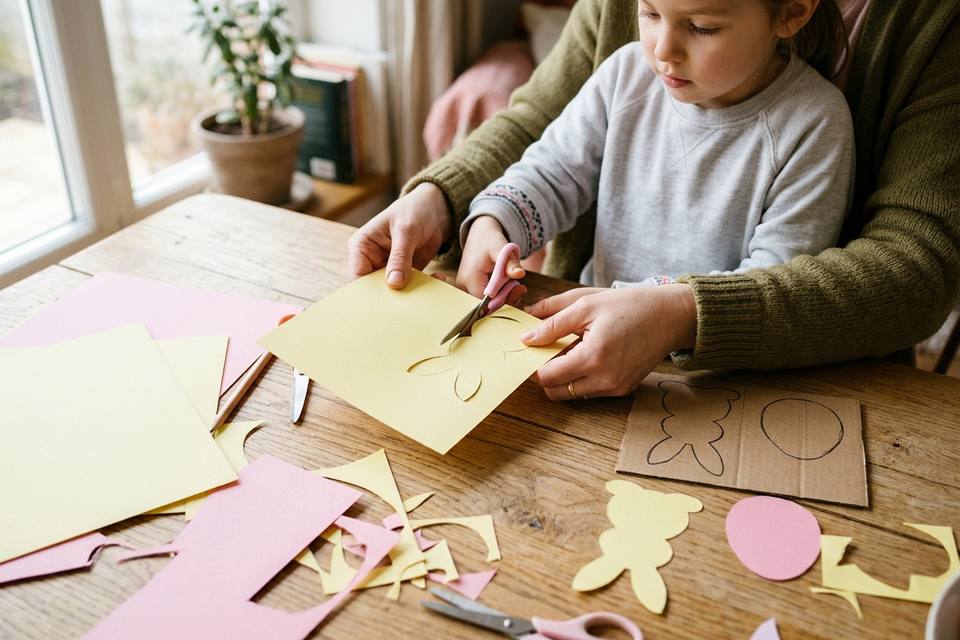 Des mains découpent des silhouettes de lapins dans du papier épais jaune et rose sur une table en chêne clair