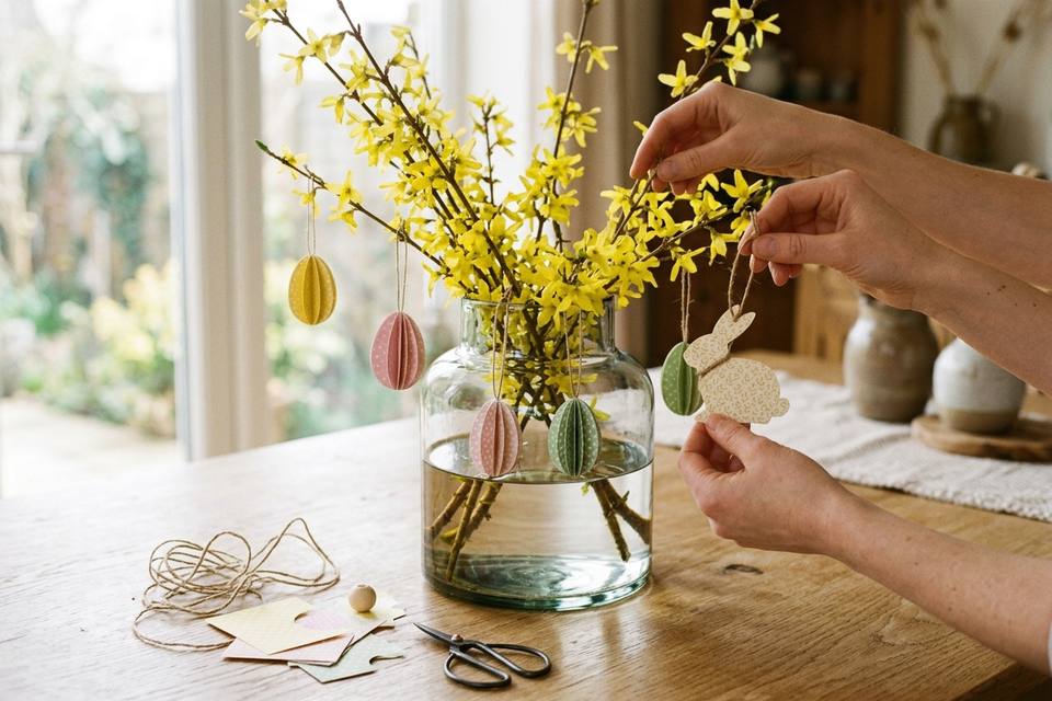 Des mains accrochent des lapins et des œufs en papier aux branches d'un arbre de Pâques dans un vase
