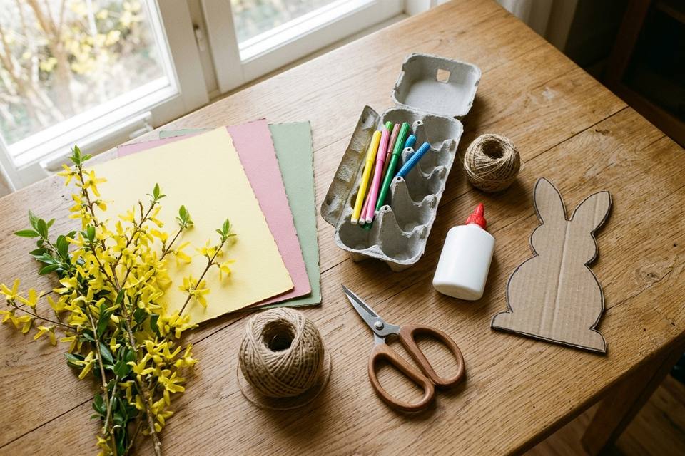 Le matériel à plat : branches, papier épais coloré, ficelle, ciseaux, colle, feutres et boîte à œufs