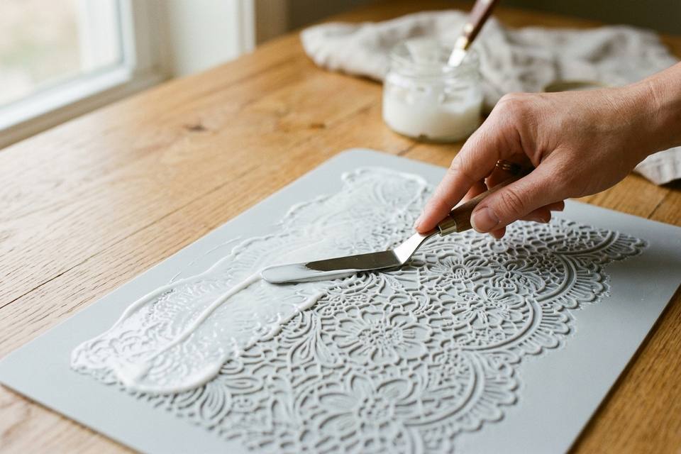 Une spatule étale une couche fine de pâte blanche dans un tapis de dentelle en silicone