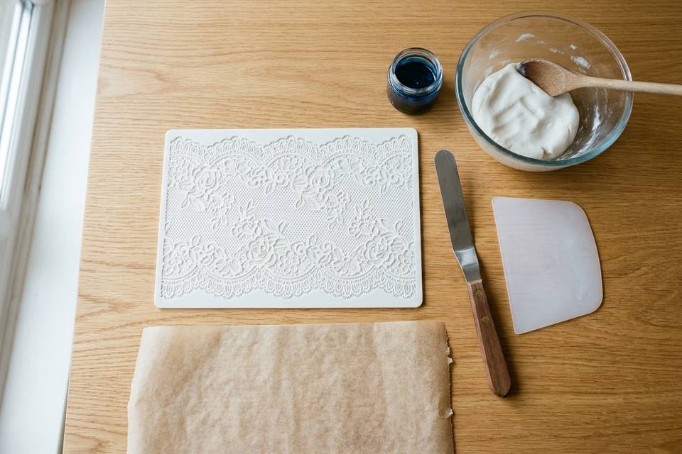 Le matériel à plat : moule à dentelle en silicone, spatule, préparation en poudre, bol, colorant en gel