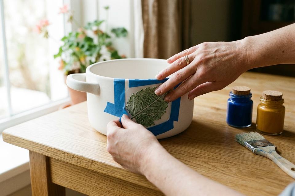 Deux mains fixent un pochoir de feuilles avec du ruban de masquage sur le flanc d'une cocotte blanche