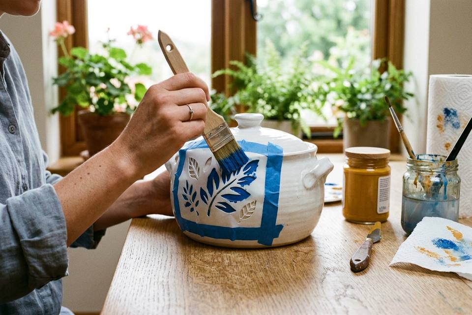 Une main tamponne de la peinture bleue avec un pinceau plat dans les formes d'un pochoir posé sur une cocotte