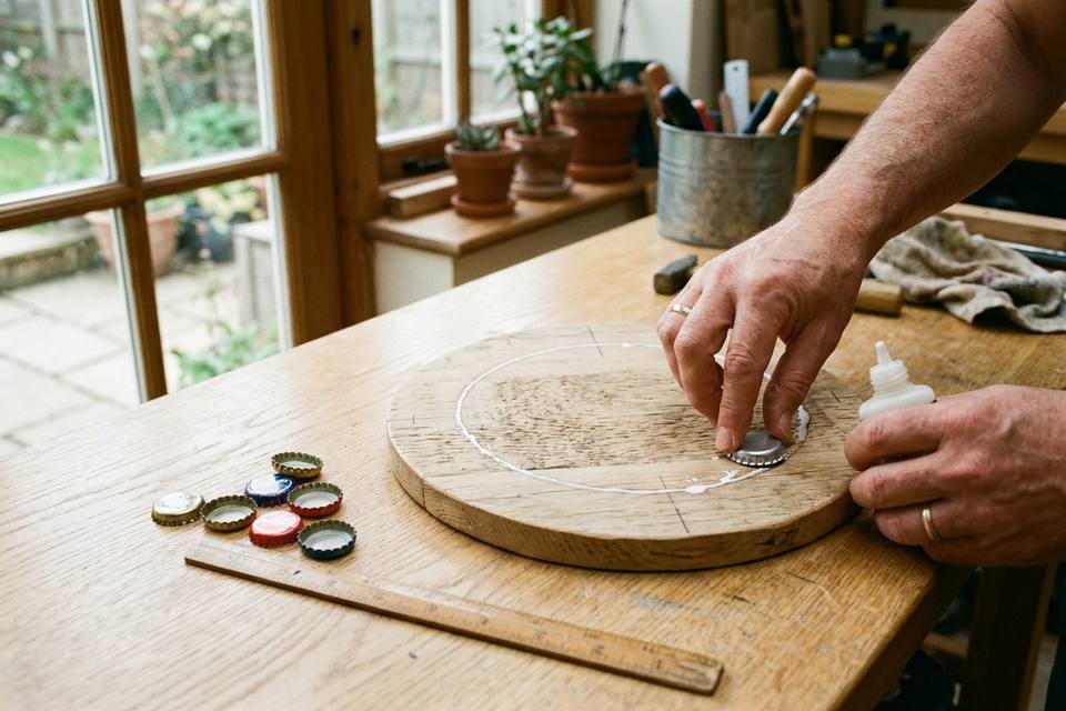 Des mains collent des capsules de métal sur une planche ronde en bois, autour d'un cercle tracé au crayon