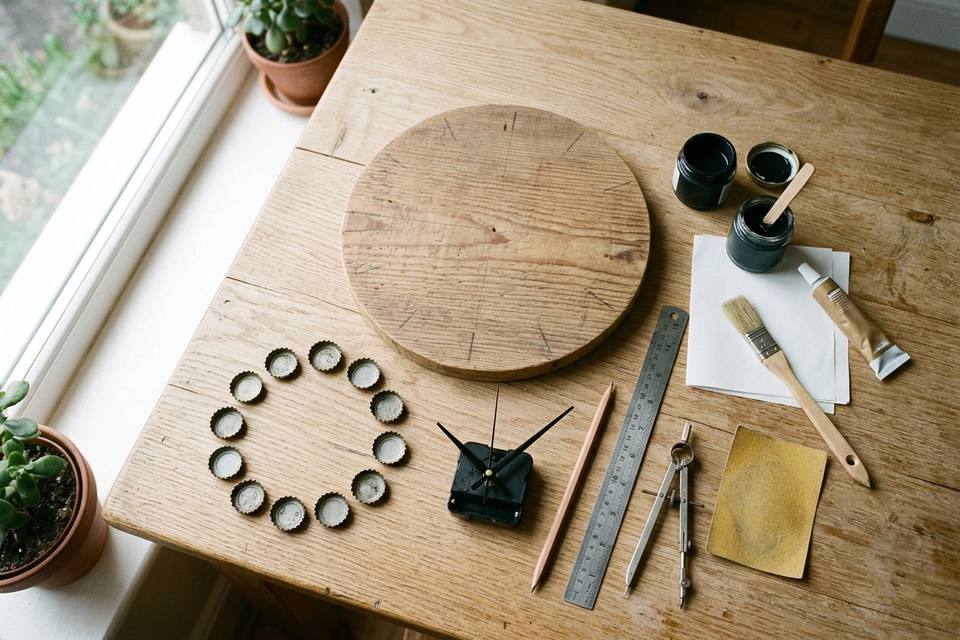 Le matériel à plat : planche ronde en bois, capsules de métal, mouvement d'horloge à quartz avec aiguilles, crayon, règle, pinceau et pot de peinture noire