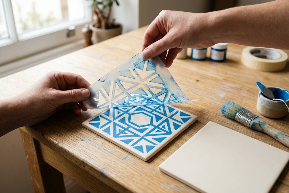 Le pochoir est retiré, laissant un motif net, et se déplace sur le carreau voisin pour répéter le décor