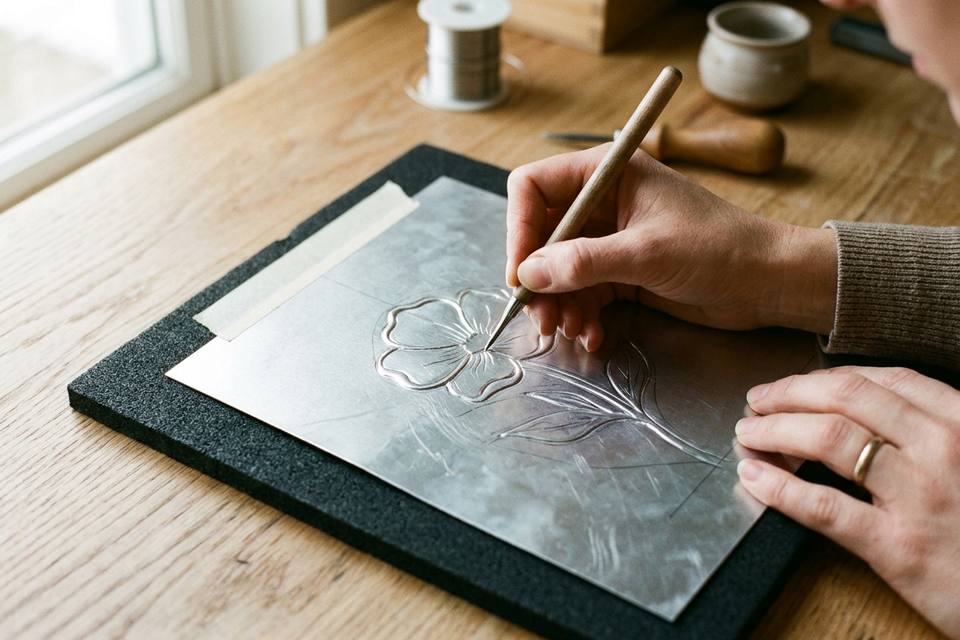 Une main trace au stylet le contour d'une fleur sur une feuille d'aluminium posée sur un tapis en mousse
