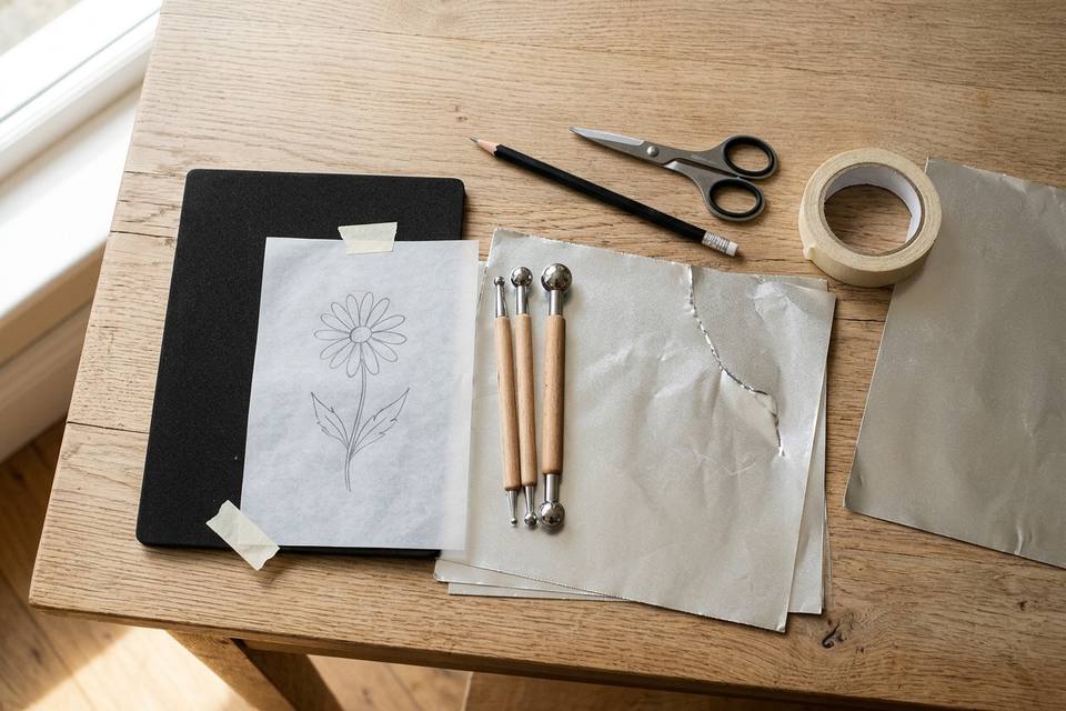Le matériel à plat : feuilles d'aluminium, stylets à bout rond, tapis en mousse, crayon papier et motif sur calque