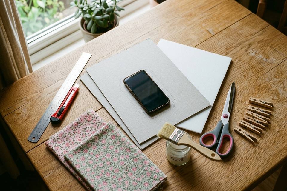 Le matériel à plat : carton gris, tissu fleuri, mousse fine, colle, règle, cutter, ciseaux et un smartphone servant de gabarit
