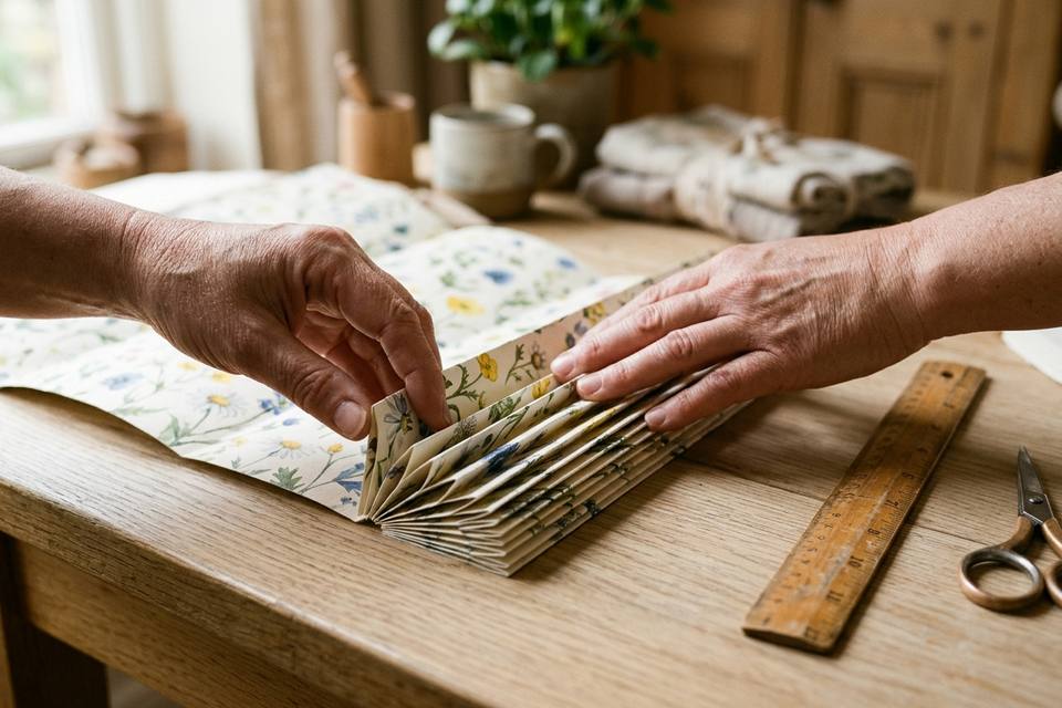 Deux mains plient une feuille de papier décoré en accordéon serré