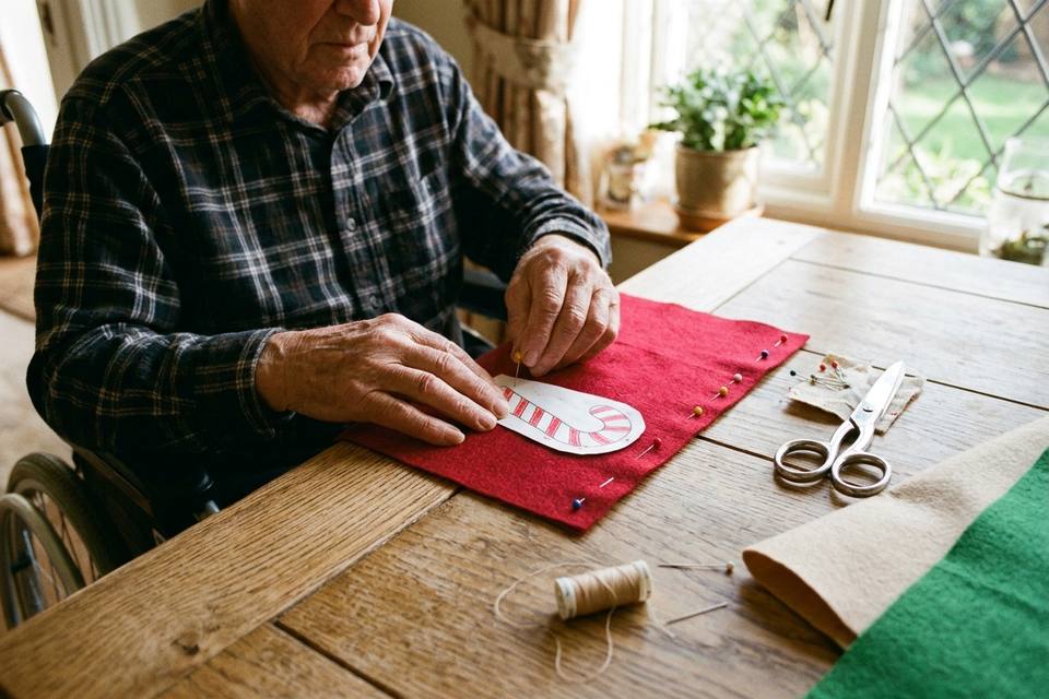 Des mains épinglent un gabarit de sucre d'orge sur de la feutrine rouge puis découpent le contour