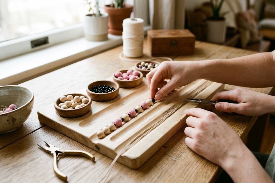 Deux mains alignent des perles en bois, en coton rose et noires sur une planchette, à côté d'un fil mesuré