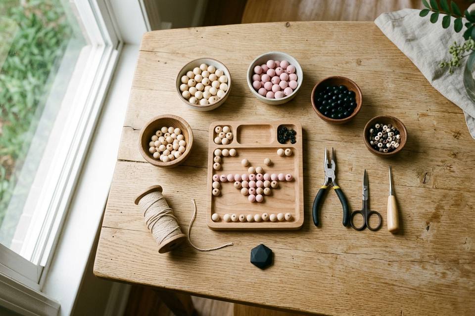 Le matériel à plat : perles en bois clair, perles en coton rose et noires, bobine de fil, pince plate, ciseaux et petit pendentif