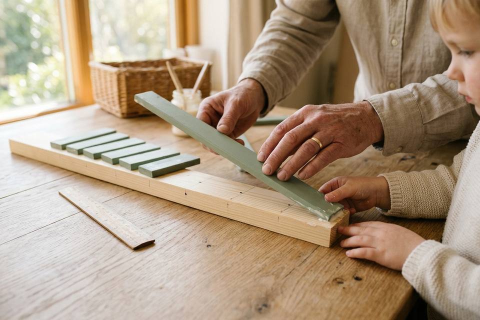 Des mains collent la planchette la plus longue sur le tasseau, avec les autres planchettes alignées par ordre de taille sur la table