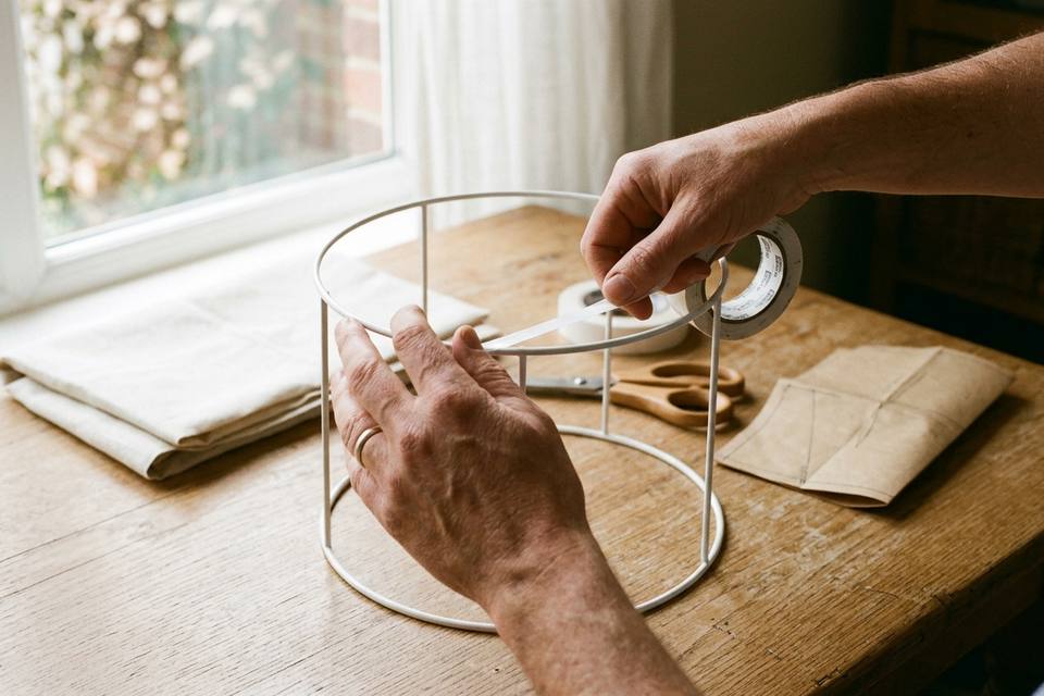 Des mains collent de l'adhésif double face sur le cercle du haut d'une carcasse d'abat-jour posée sur une table en chêne