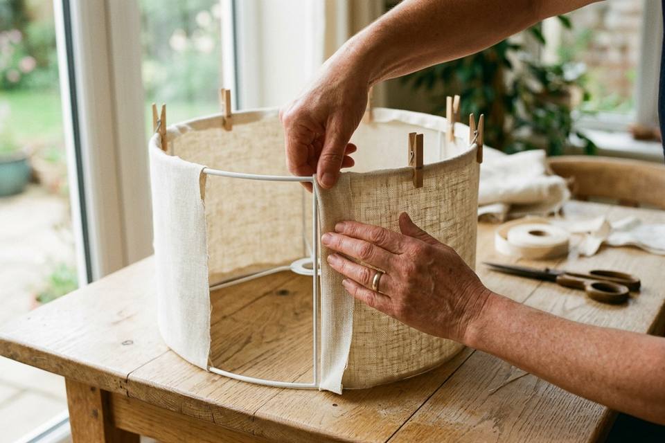 Des mains lissent un tissu clair sur une carcasse d'abat-jour, en le tendant doucement vers le bas