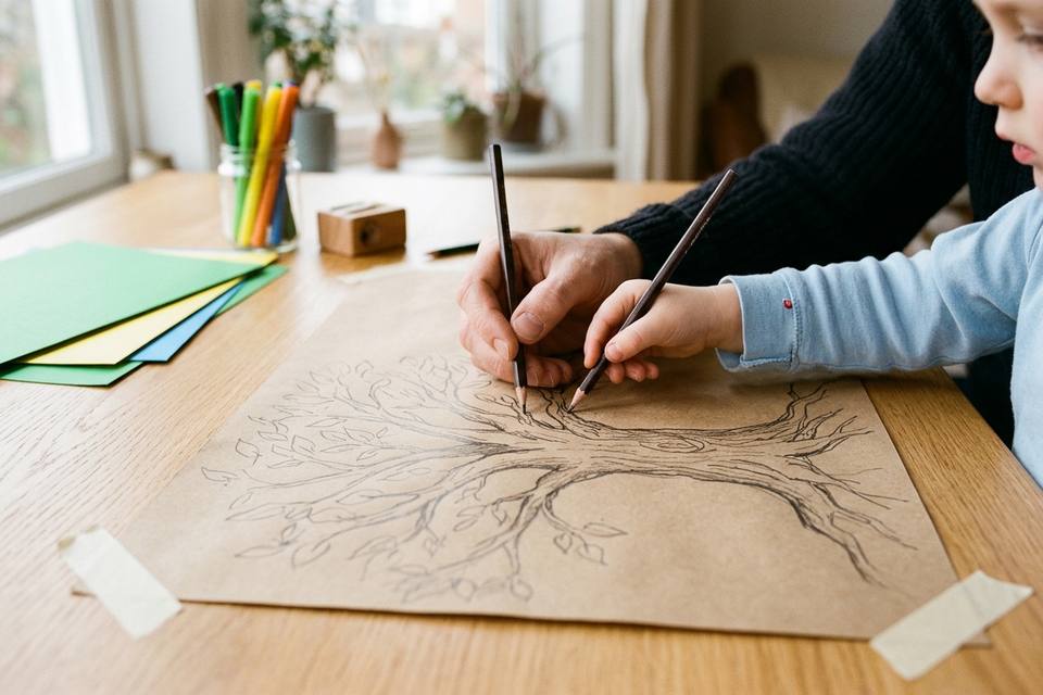 Des mains d'enfant et d'adulte dessinent au crayon un grand tronc et des branches sur une feuille de papier kraft étalée sur la table