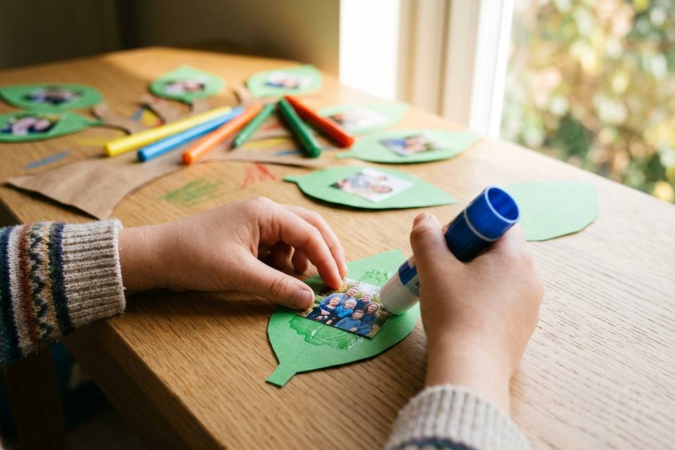 Les mains d'un enfant collent une petite photo de famille sur une feuille verte, le prénom déjà écrit au feutre en dessous