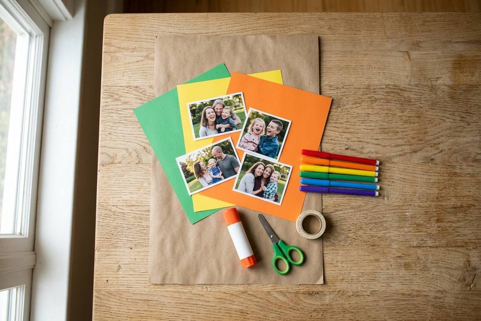 Le matériel à plat : papier kraft, papier vert et jaune, photos de famille imprimées, colle, ciseaux, feutres et ruban adhésif de peintre