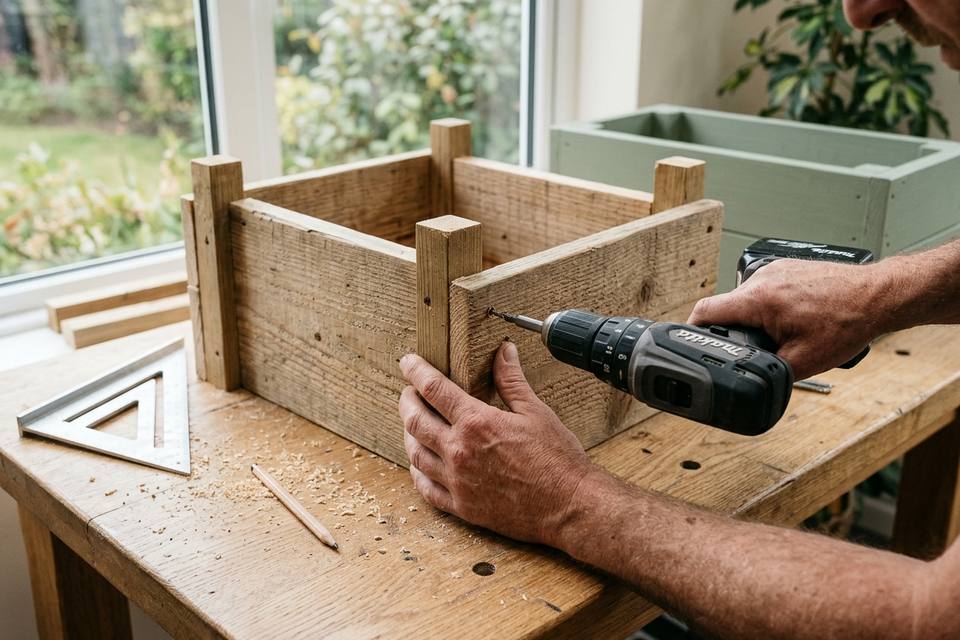 Deux mains vissent une paroi de planche sur un tasseau d'angle, sur une table en chêne clair