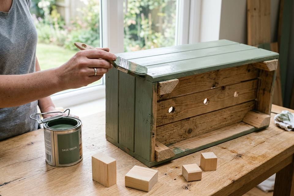 Un pinceau applique de la protection pour bois sur une paroi de la jardinière, près d'un tasseau