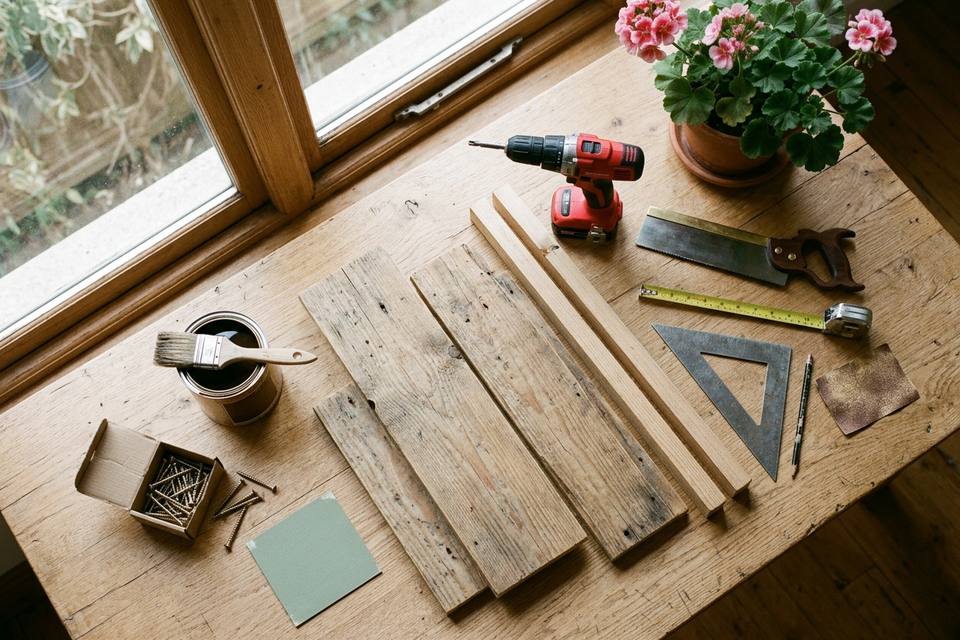 Le matériel à plat : planches de récup, tasseaux, vis, ponceuse, mètre ruban, crayon et pot de protection pour bois