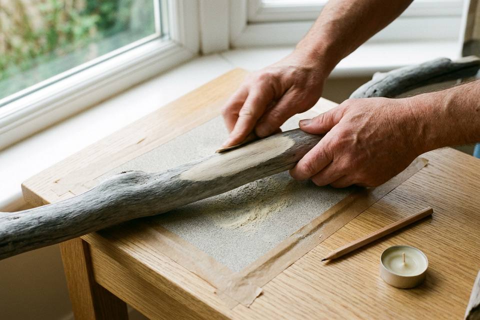Des mains frottent la face de dessous d'une branche de bois flotté sur du papier de verre fixé sur la table
