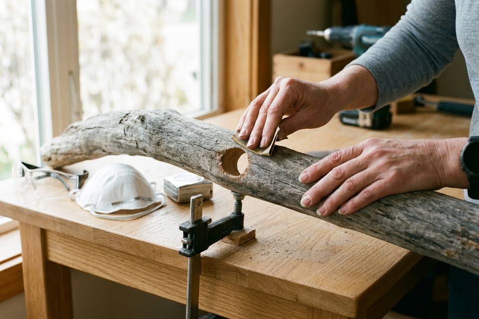 Des mains poncent le contour d'un trou percé dans une branche de bois flotté avec un papier de verre fin