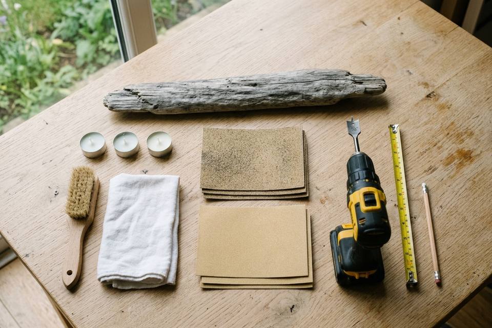 Le matériel à plat : branche de bois flotté, papier de verre, perceuse, mètre, crayon, bougies chauffe-plat et chiffon