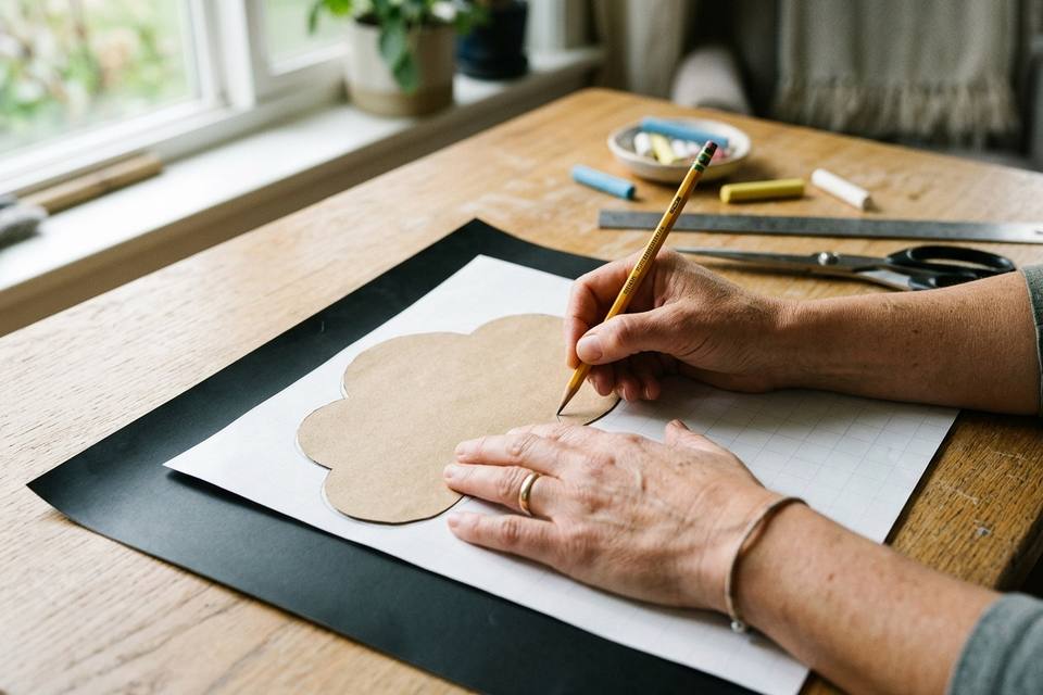 Des mains tracent au crayon le contour d'un gabarit en papier sur l'envers d'un rouleau adhésif noir