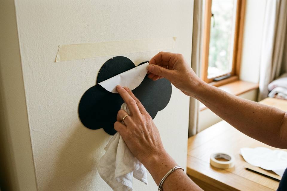 Des mains décollent peu à peu le papier de protection et lissent le sticker ardoise contre le mur avec un chiffon