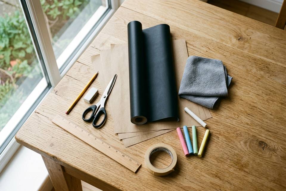 Le matériel à plat : rouleau adhésif noir, papier kraft, crayon, ciseaux, règle, chiffon et craies