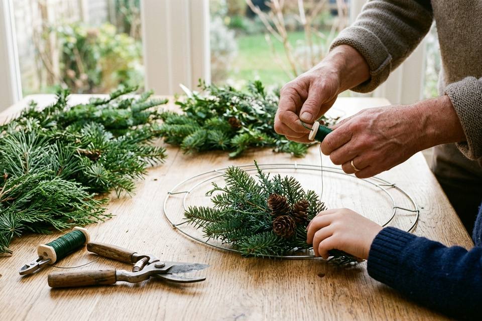 Les mains attachent un petit bouquet de branches de sapin sur un anneau de fil de fer avec du fil fin