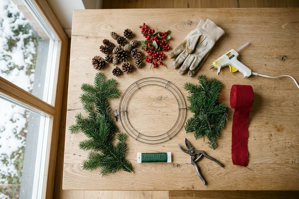 Le matériel à plat : branches de sapin, bobine de fil de fer, pommes de pin, baies rouges, ruban en tissu, sécateur et gants