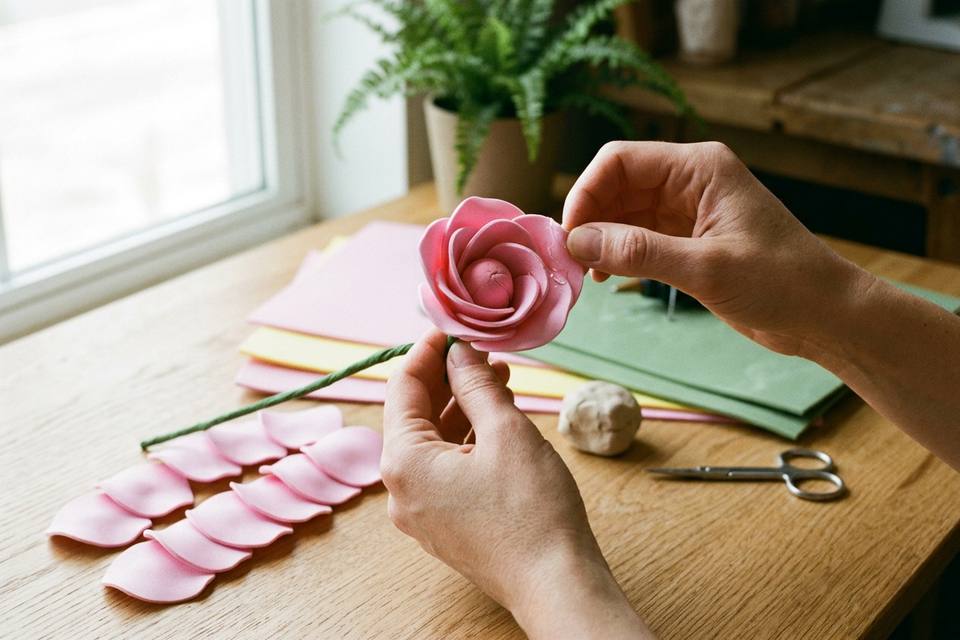 La rose en cours de montage, pétales collés en spirale autour d'un cœur, tenue entre les doigts