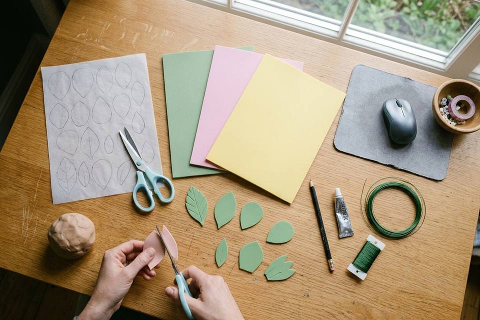 Le matériel à plat : feuilles de mousse rose, jaune et verte, ciseaux, papier calque, crayon, fil de fer, colle et pâte à modeler