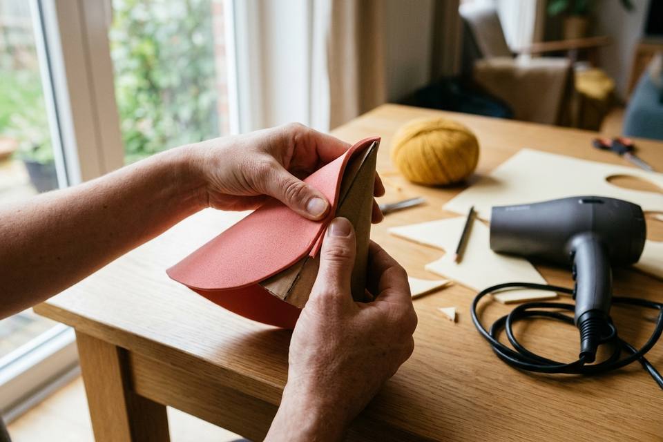 Une main d'adulte courbe un demi-cercle de mousse rose autour d'un cône en carton, un sèche-cheveux posé à côté