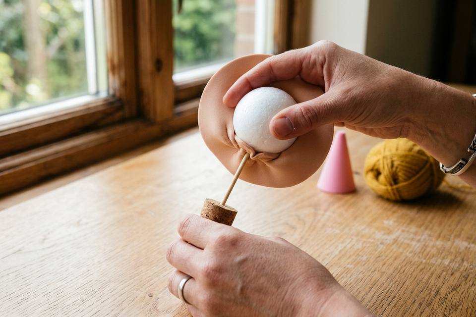 Les mains posent un disque de mousse couleur chair tiède sur une boule en polystyrène et l'étirent vers le bas