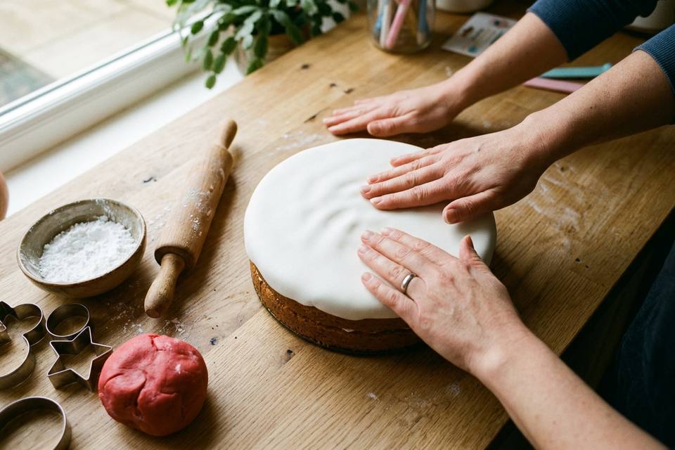 Deux mains lissent un disque de pâte à sucre blanche sur un gâteau rond posé sur une table en chêne clair