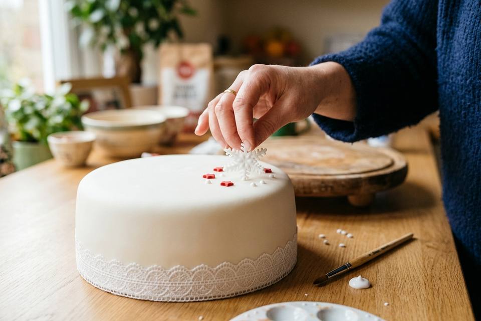 Une main pose un flocon de neige en pâte à sucre sur le dessus du gâteau, à côté de petites étoiles rouges déjà fixées