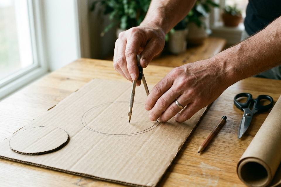 Des mains tracent un cercle au compas sur du carton ondulé posé sur une table en chêne