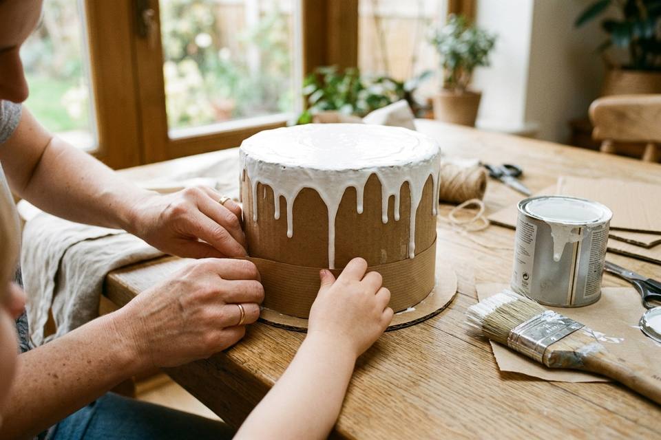 Des mains posent une bande de papier kraft autour d'un étage de gâteau en carton avant de peindre le dessus en blanc