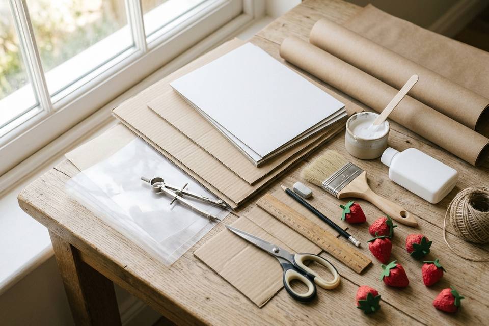 Le matériel à plat : carton ondulé, carton blanc, papier kraft, compas, ciseaux, pinceau et peinture blanche