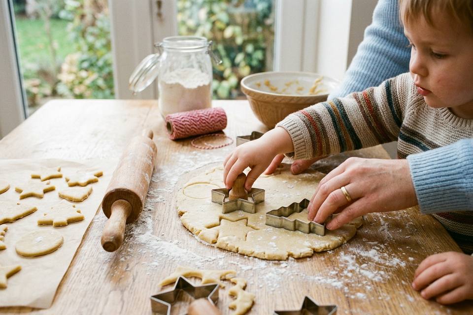 Des mains d'enfant et d'adulte découpent des étoiles et des sapins dans une pâte à sablés étalée sur un plan fariné