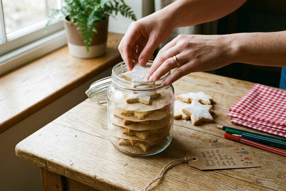 Les mains rangent les sablés refroidis dans un bocal en verre, à côté d'une étiquette en carton à moitié écrite