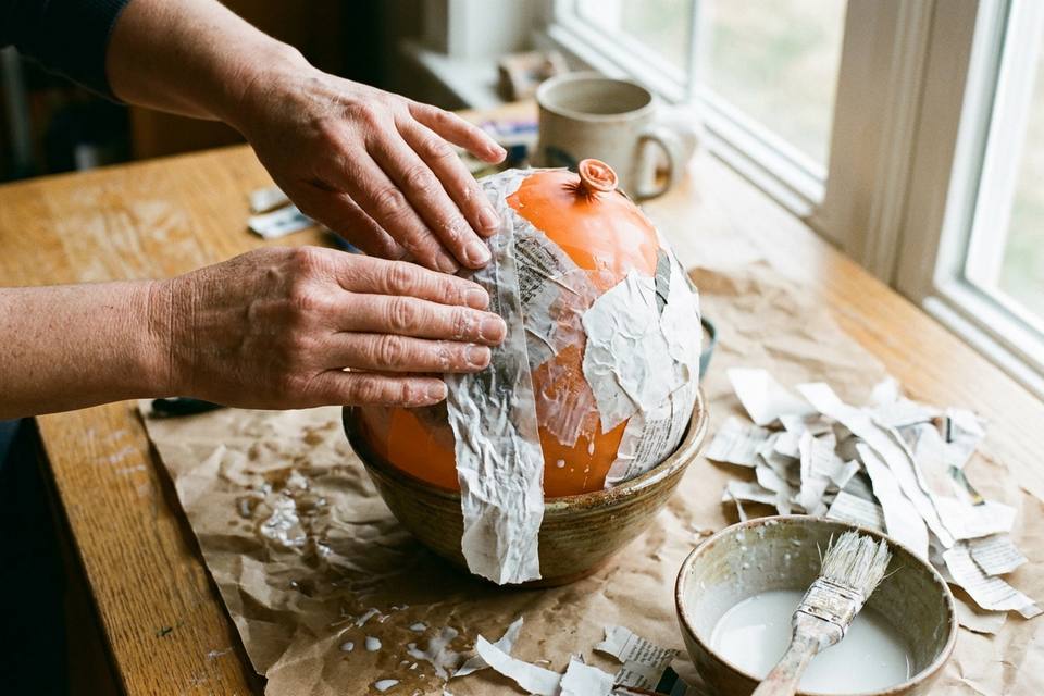 Des mains collent des bandes de papier blanc froissé sur un ballon calé dans un bol, sur une table en chêne clair