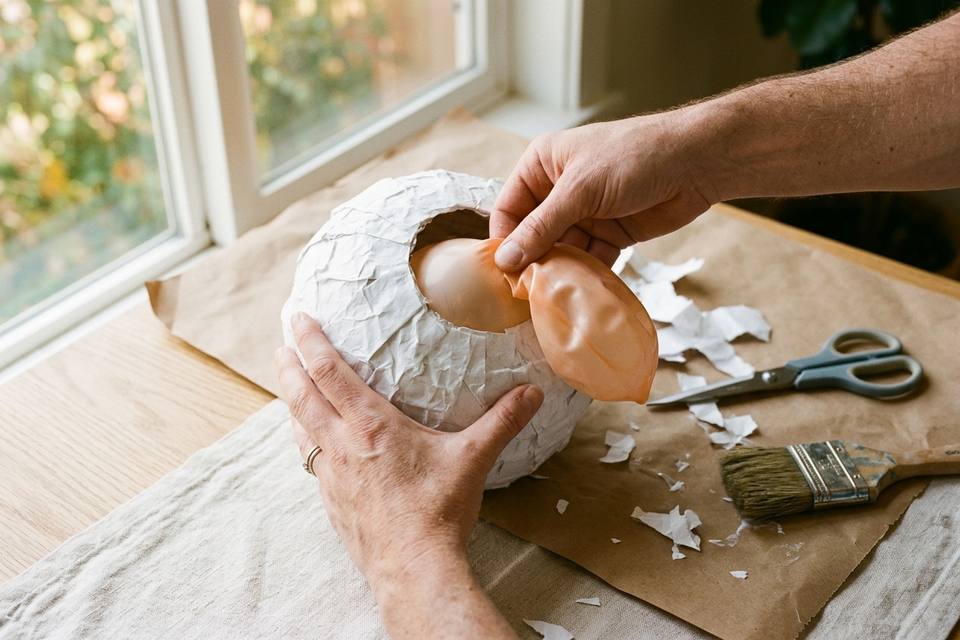 Une main perce le ballon par le trou du haut pendant que l'autre tient la coque de papier sèche et rigide