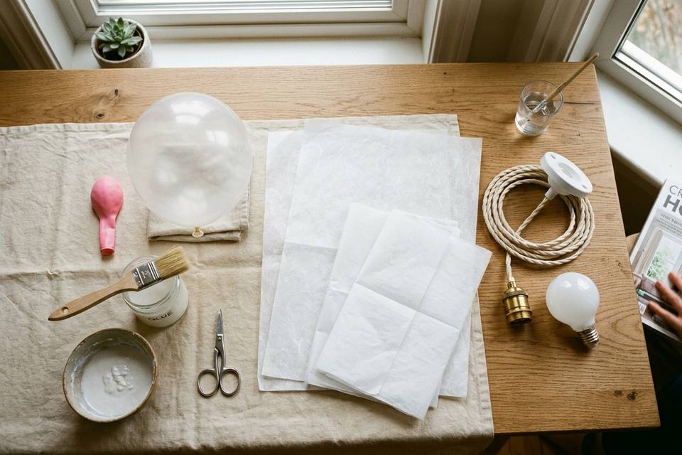 Le matériel à plat : feuilles de papier blanc et de papier de riz, ballon, colle blanche, pinceau, ciseaux et kit de suspension